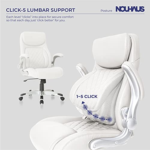 Nouhaus +Posture Ergonomic PU Leather Office Chair. Click5 Lumbar Support with FlipAdjust Armrests. Modern Executive Chair and Computer Desk Chair (White)