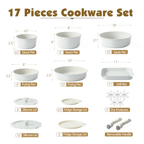 SENSARTE 17 Piece Pots and Pans Set, Nonstick Detachable Handle Cookware, Induction Kitchen Cookware Set with Removable Handle, Healthy Non Stick RV Cookware, Dishwasher ＆ Oven Safe, PFOA Free (White)