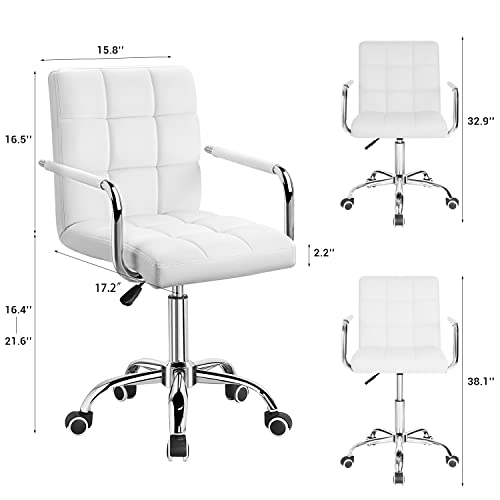 Furmax Mid-Back Office Task Chair Ribbed PU Leather Executive Modern Adjustable Home Desk Retro Comfortable Work Chair 360 Degree Swivel with Arms (White)