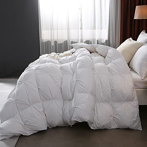 DWR Pinch Pleat Goose Feathers Down Comforter King Size, Ultra Soft Cotton Blend Cover, Luxury Fluffy Duvet Insert with 8 Corner Tabs, All-Season Medium Warm Bed Comforter(White, 106"x90")