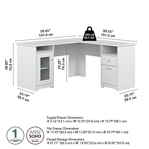 Bush Furniture Cabot L Shaped Computer Desk in White Corner Table with Drawers for Home Office