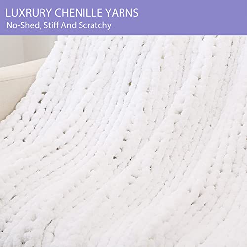 Bigacogo Chunky Knit Blanket Throw 51"x63", 100% Hand Knitted Chenille Throw Blanket, Big Soft Thick Yarn Cable Knit Blanket, Large Rope Knot Crochet Throw Blankets for Couch Bed Sofa (White)