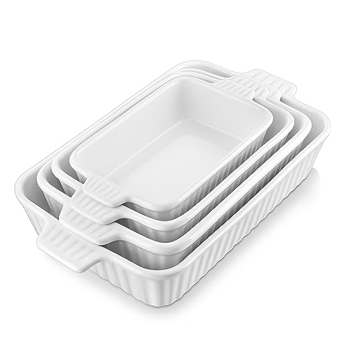 MALACASA Casserole Dishes for Oven, Porcelain Baking Dishes, Ceramic Bakeware Sets of 4, Rectangular Lasagna Pans Deep with Handles for Baking Cake Kitchen, White (9.4"/11.1"/12.2"/14.7"), Series BAKE.BAKE