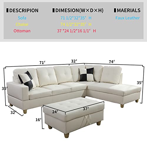 SIENWIEY White Sectional Sofa for Living Room,Faux Leather L Shape Sectional Couches for Living Room Set with Chaise and Storage Ottoman for Living Room Furniture Sets(White,Right Chaise)