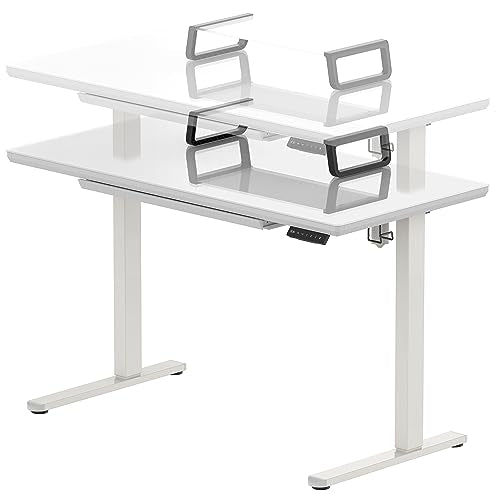 SHW 48-Inch Glass Electric Height Adjustable Desk with Monitor Riser and Drawer, White