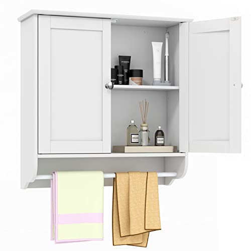 Tangkula Bathroom Cabinet Wall Mounted, Bathroom Medicine Cabinet with Bar & Double Door & Adjustable Shelf, Over The Toilet Storage Cabinet, Hanging Cabinet for Bathroom Laundry Kitchen