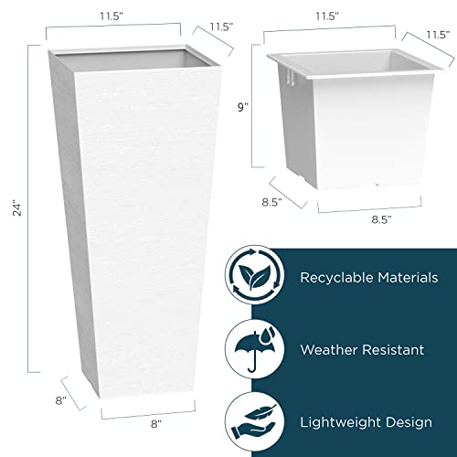 Verel Set of 2 Tall Outdoor Planters - 24 Inch Large Outdoor Planter with Small Planting Pots – Indoor and Outdoor Rectangular Flower Pots for Front Door, Porch, Patio and Deck (White)