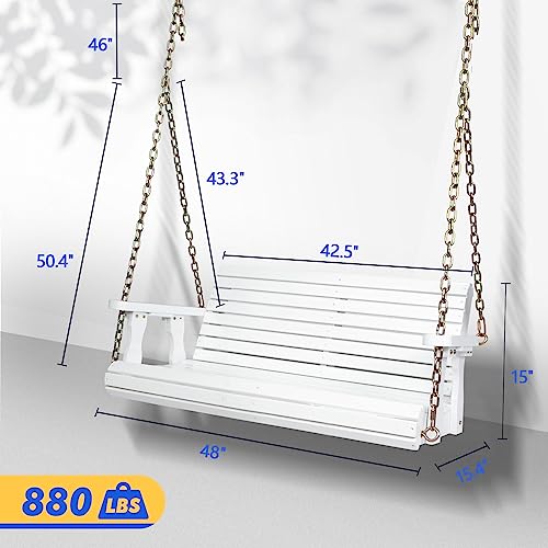 VINGLI Upgraded Patio Wooden Porch Swing for Courtyard & Garden, Heavy Duty 880 LBS Swing Chair Bench with Hanging Chains for Outdoors (4 FT, White)