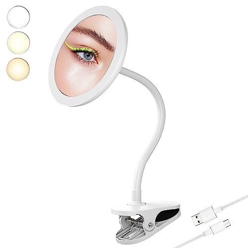 TUSHENGTU 6.5" Clip on Makeup Mirror with gooseneck 10x Magnifying Mirror,USB Recharge Adjustment (White 10X)