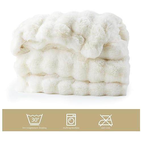 Touchat Luxury 1000GSM Faux Rabbit Fur Throw Blanket, Super Heavy Warm Cozy Beige Cream Blankets for Couch Bed Sofa, Ruched Plush Fuzzy Elegant Soft Reversible Mink Blanket for Living Room Bedroom