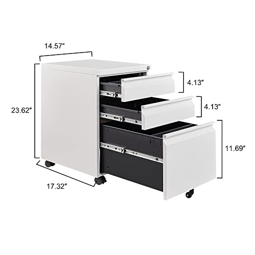 Reemoon Metal File Cabinet for Home Office, Under Desk Mobile File Storage Cabinet 3 Drawer, Small Rolling Filing Cabinet with Lock, White