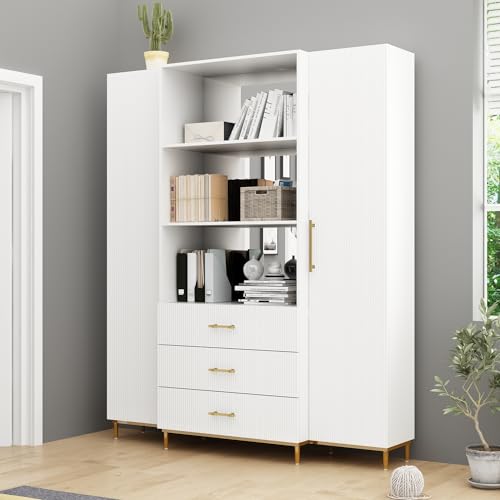 ECACAD 74.8" H Tall Storage Cabinet with Mirror & Carved Ripple Doors, Versatile Display Cabinet Bookshelf Kitchen Pantry Cabinet with Adjustable Shelves & Drawers for Living Room, Home Office, White