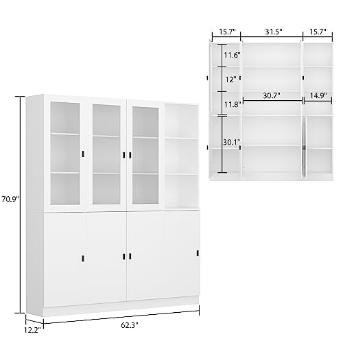 Hitow Tall Bookshelf with Glass Doors, 3 Piece Large Storage Cabinet Set, Home Office Bookcase with Doors Shelves, Glass Display Cabinet for Living Room, White Type B (62.3" W x 12.2" D x 70.9" H)