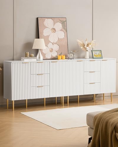 SICOTAS White Storage Cabinet with Drawers, Fluted Sideboard Buffet Cabinet Featuring Spray-Painted Finish, Credenza Accent Cabinet Console Table with Drawers for Entryway, Living Room, Dining Room