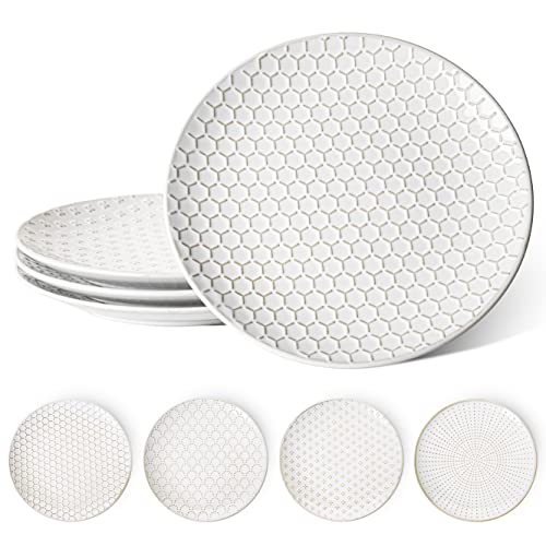 LE TAUCI Dinner Plates Set of 4, 10 Inch Ceramic Dish Set for Kitchen, Embossed Serving Dish, Microwave, Oven, and Dishwasher Safe, House Warming and Wedding Gift, Arctic white