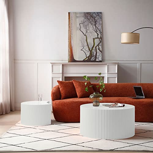 KEVINSPACE Coffee Table Set of 2 Modern, Living Room Nesting Table Round 2-Piece, No Assembly Required Wooden Circle End Table Set Accent Furniture for Bedroom Balcony Library,White