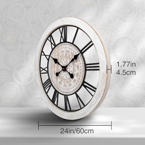 ZBJZJM 24" Large Wall Clocks for Living Room Decor Battery Operated Wood Vintage Big Silent Rustic Decorative Industrial Wall Clock for Office Home Bedroom Dinning Room,White