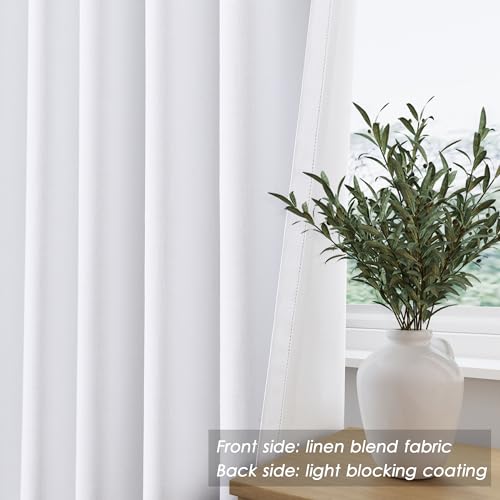 Full Black Out White Window Curtain Panels 102 Inches Long 2 Panels Set for Living Room Cotton Textured Long Blackout Curtains With White Backing Thermal Insulated Drapes for Winter Nursery Bedroom