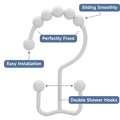 Titanker Shower Curtain Hooks Rings, Durable Metal Double Glide Shower Hooks for Bathroom Shower Rods Curtains, Set of 12 Hooks - White