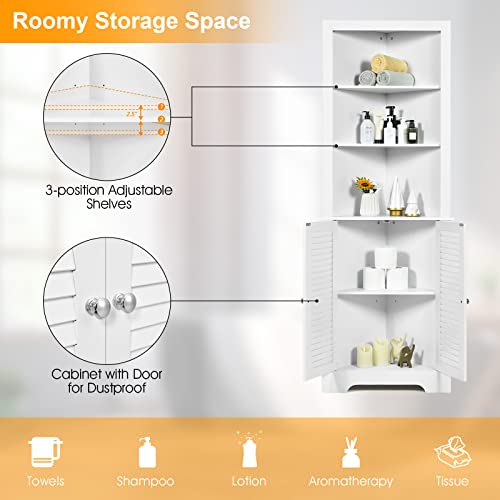 COSTWAY Tall Corner Cabinet, Wooden Freestanding Storage Cabinet with 3 Open Shelves & Doors, Large Capacity Storage Organizer for Bathroom Living Room Bedroom Kitchen (White)