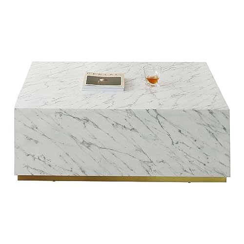 Modern Coffee Table, Square Center Table Modern Simple Faux Marble Coffee Table, Glam Accent End Table for Home, Apartment,Square White