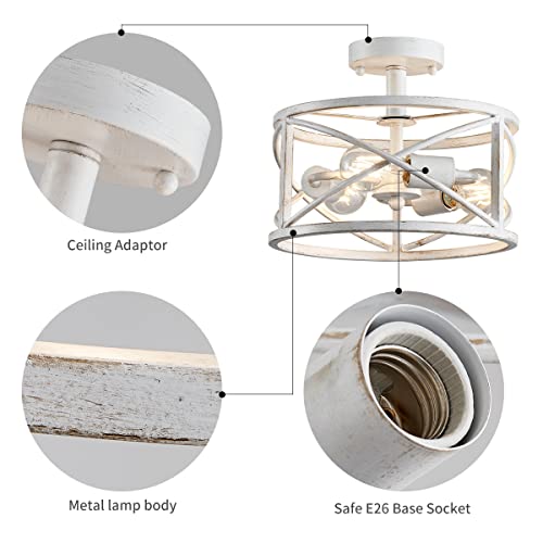 WUZUPS Chandelier 3-Light Vintage Farmhouse Industrial Semi-Flush Mount Ceiling Light Lighting Fixture for Foyer Bedroom Hallway Storage Room Kitchen Bathroom, H 9.4" x W 12", E26 Base, Antique White