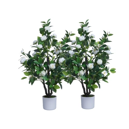 ECOFOREST Artificial Camellia Tree 35in Faux Floral Plant with White Flowers and Green Leaves - No Maintenance Indoor Outdoor Office Home Porch Decor Housewarming Gift(2Pack，White)