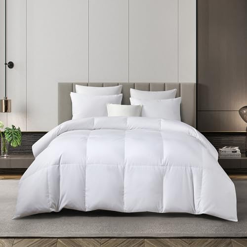 MARTHA STEWART 650 Fill Power Luxury Fluffy White Down Comforter - 300 Thread Count 100% Sateen Cotton Bedding Comforter, Light Warmth Duvet Insert with Corner Loops King Size Made in USA - 106" x 90"