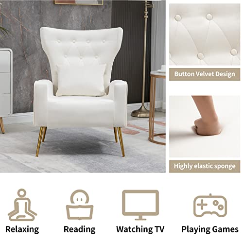 ZJhome Button-Tufted Living Room Chairs Set of 2, WingBack Velvet Accent Chair Armchair with Lumbar Pillow, Bedroom Chairs Vanity Chair Arm Chair with Golden Legs, Cream