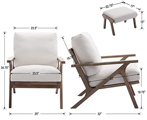 Mid Century Modern Accent Chair with Ottoman, Farmhouse Linen Upholstered Living Room Armchair and Ottoman Set, 23" Seat Wide Retro Leisure Lounge Chair with Wood Frame for Home, Bedroom, White