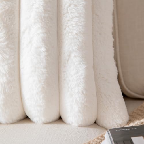 Joyouth Faux Fur Plush Throw Pillow Covers 26x26 Inch Set of 2 - Luxury Decorative Fuzzy Striped Soft Cozy Pillowcase for Couch, Sofa, Living Room - Cream White