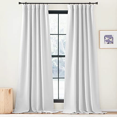 NICETOWN Faux Linen Room Darkening Living Room Curtains, Pinch Pleated Curtains Thick Linen Blend Thermal Insulated Noise Reducing Window Drapes for Bedroom, Greyish White, W50 x 90, Set of 2