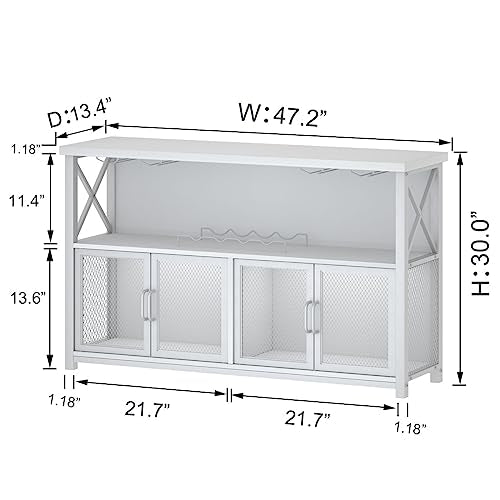 LVB White Coffee Bar Cabinet, Modern Wine Cabinet for Liquor and Glasses, Farmhouse Liquor Cabinet with Storage Rack, Industrial Kitchen Sideboard Buffet Cabinet for Home Dining Room, White Oak, 47 In