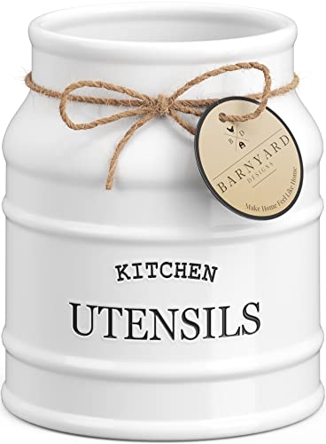 Barnyard Designs Ceramic Farmhouse Utensil Holder for Kitchen Counter, Large Rustic Utensil Crock, Countertop Cooking Tool Spatula Organizer, 6.75”, White