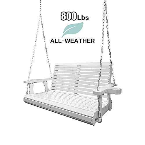 Wooden Porch Swing 2-Seater, Bench Swing with Cupholders, Hanging Chains and 7mm Springs, Heavy Duty 800 LBS, for Outdoor Patio Garden Yard (White)