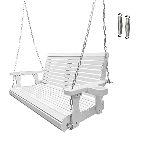 Wooden Porch Swing 2-Seater, Bench Swing with Cupholders, Hanging Chains and 7mm Springs, Heavy Duty 800 LBS, for Outdoor Patio Garden Yard (White)