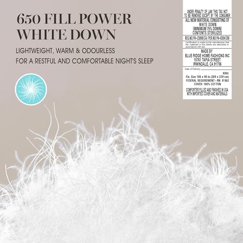 MARTHA STEWART 650 Fill Power Luxury Fluffy White Down Comforter - 300 Thread Count 100% Sateen Cotton Bedding Comforter, Light Warmth Duvet Insert with Corner Loops King Size Made in USA - 106" x 90"