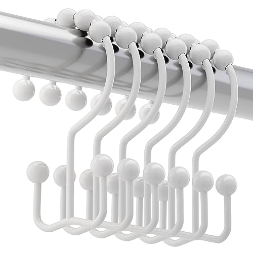 Titanker Shower Curtain Hooks Rings, Durable Metal Double Glide Shower Hooks for Bathroom Shower Rods Curtains, Set of 12 Hooks - White