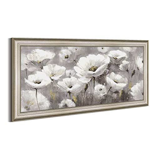 Flower Canvas Wall Art Picture: Living Room Abstract Floral Framed Painting Decor Modern White Blooming Blossom Artwork Large Botanical Wildflower Prints for Bedroom Home