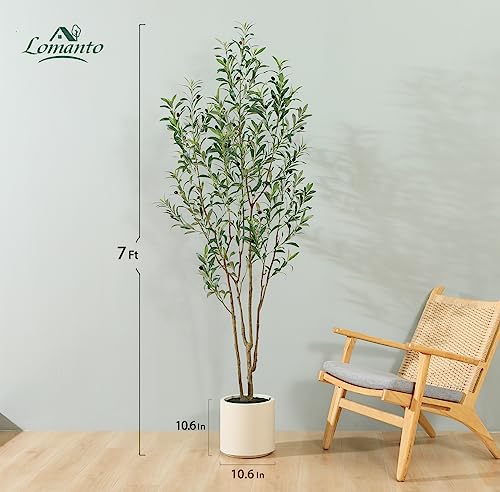 LOMANTO Artificial Olive Trees, 7 ft Tall Fake Olive Trees for Indoor, Faux Olive Silk Tree, Large Olive Plants with White Planter for Home Decor and Housewarming Gift, 1 Pack