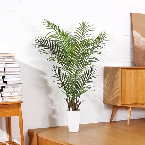 Kazeila Artificial Palm Tree 4FT Tall Faux Tropical Palm Plant with White Taper Planter Fake Greenery Potted Plant for Home Office Decor Indoor