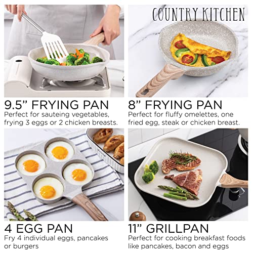 Country Kitchen Induction Cookware Sets - 13 Piece Nonstick Cast Aluminum Pots and Pans with BAKELITE Handles, Glass Lids -Cream