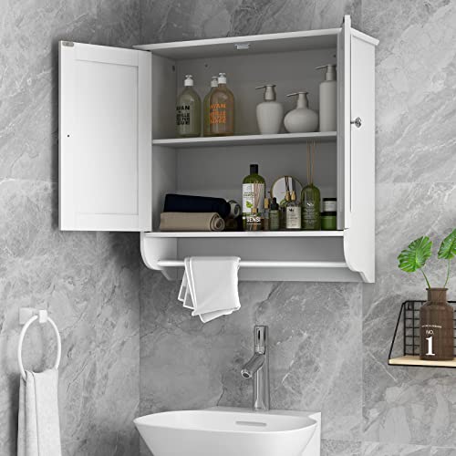 Tangkula Bathroom Cabinet Wall Mounted, Bathroom Medicine Cabinet with Bar & Double Door & Adjustable Shelf, Over The Toilet Storage Cabinet, Hanging Cabinet for Bathroom Laundry Kitchen