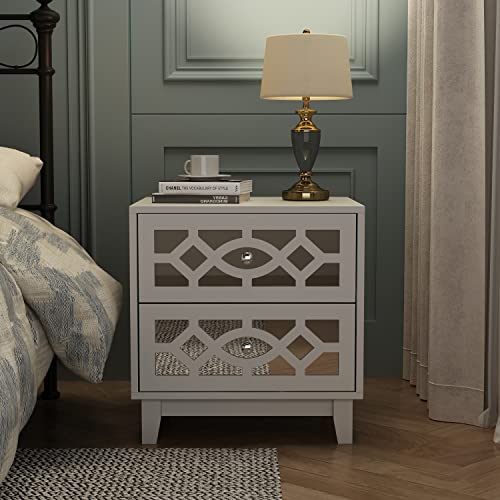 AIEGLE Mirror Nightstand Set of 2, Wooden Accent Chest Dresser with 2 Mirrored Drawers, Decorative End Table Bed Side Table Bedroom Storage Set, White (18.9" W x 15.7" D x 15.7" H)