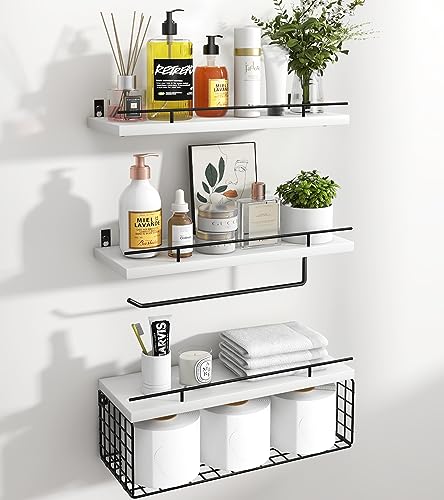 Mefirt Floating Shelves, 3+2 Tier Bathroom Shelves with Paper Towel Holder & Towel Bar, Wood Wall Décor Shelves Over Toilet with Wire Storage Basket & Guardrail, Farmhouse Floating Shelf - White