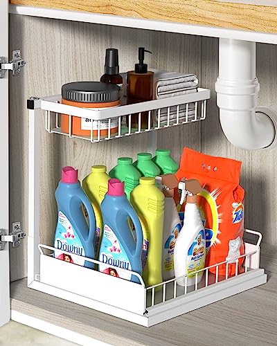 Zyerch Under Sink Organizer,Metal Pull Out Kitchen Cabinet Organizer with Sliding Drawer,Sturdy Multi-Functional for Bathroom Organization,White