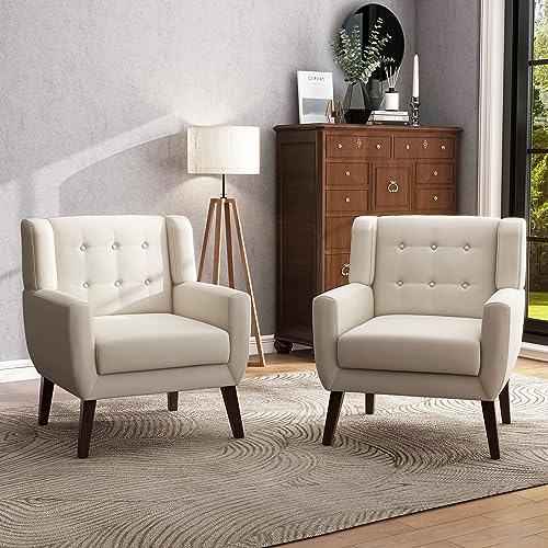 UIXE Accent Chairs Set of 2, Modern Living Room Arm Chair Button Tufted Armchair, Comfy Upholstered Club Lounge Sofa Seat Reading Chair Bedroom Side Seating for Home Office (White)