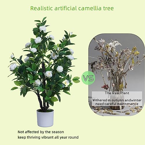 ECOFOREST Artificial Camellia Tree 35in Faux Floral Plant with White Flowers and Green Leaves - No Maintenance Indoor Outdoor Office Home Porch Decor Housewarming Gift(2Pack，White)