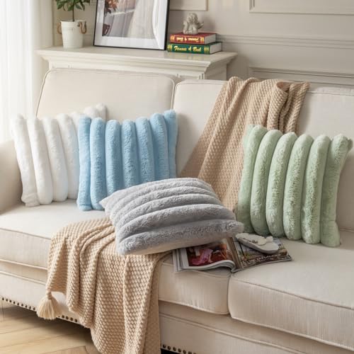 Joyouth Faux Fur Plush Throw Pillow Covers 26x26 Inch Set of 2 - Luxury Decorative Fuzzy Striped Soft Cozy Pillowcase for Couch, Sofa, Living Room - Cream White