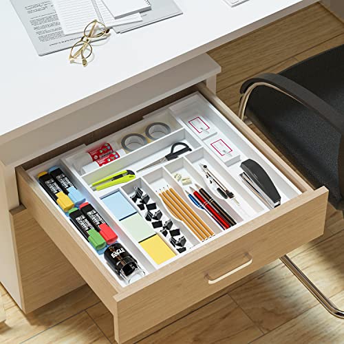 Utensil Organizer Silverware Drawer Organizer - Adjustable Utensil Tray Bamboo Silverware Divider with Groove for Kitchen Flatware, Hair Accessories, Repair Tools, Art Set W13.5"-19.9" x L17.6"(White)